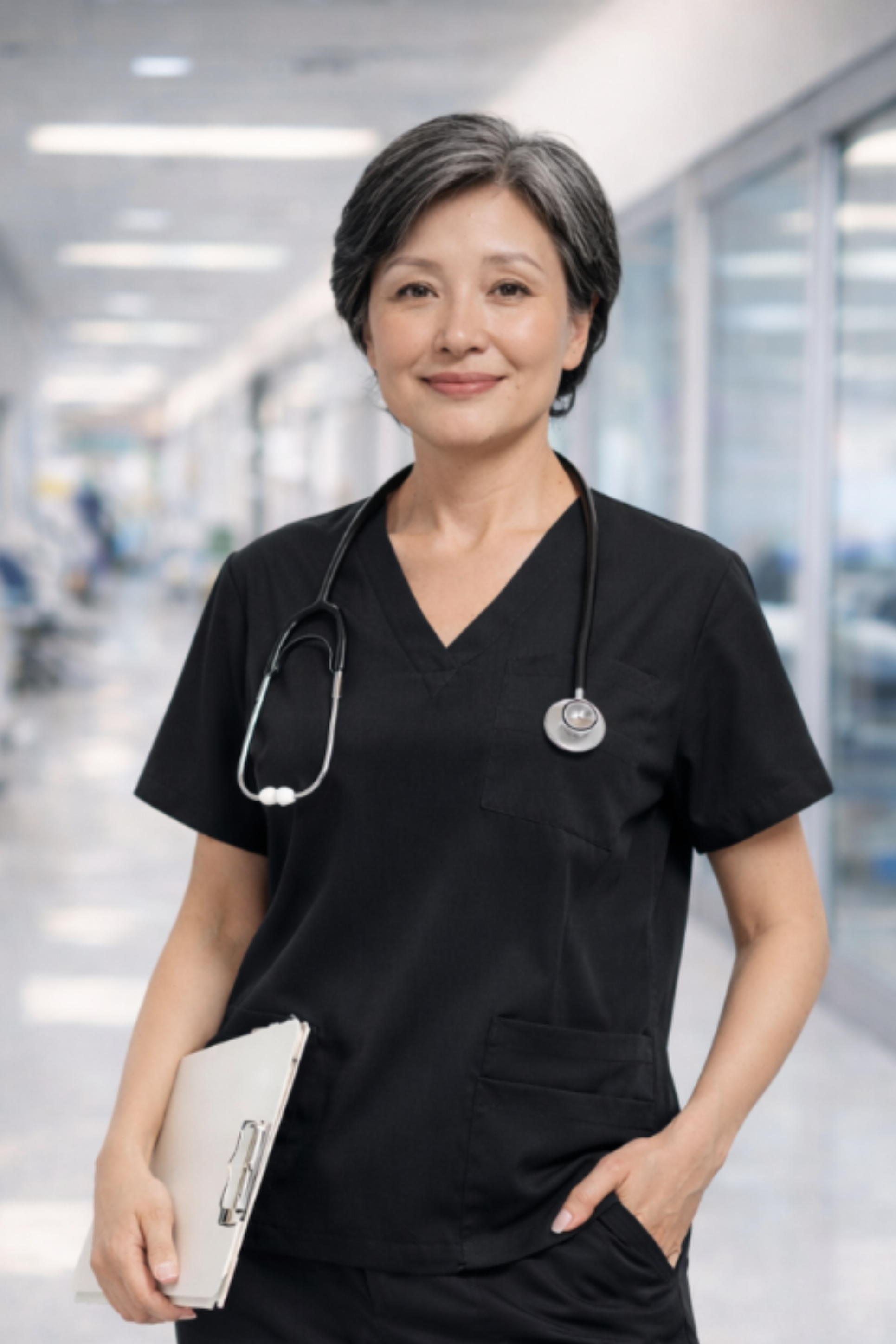 Doctor in black scrubs with a stethoscope standing in a hospital corridor.