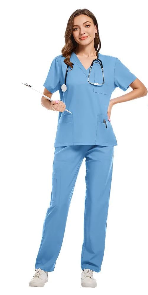 Blue medical scrubs set with a woman wearing them on a white background