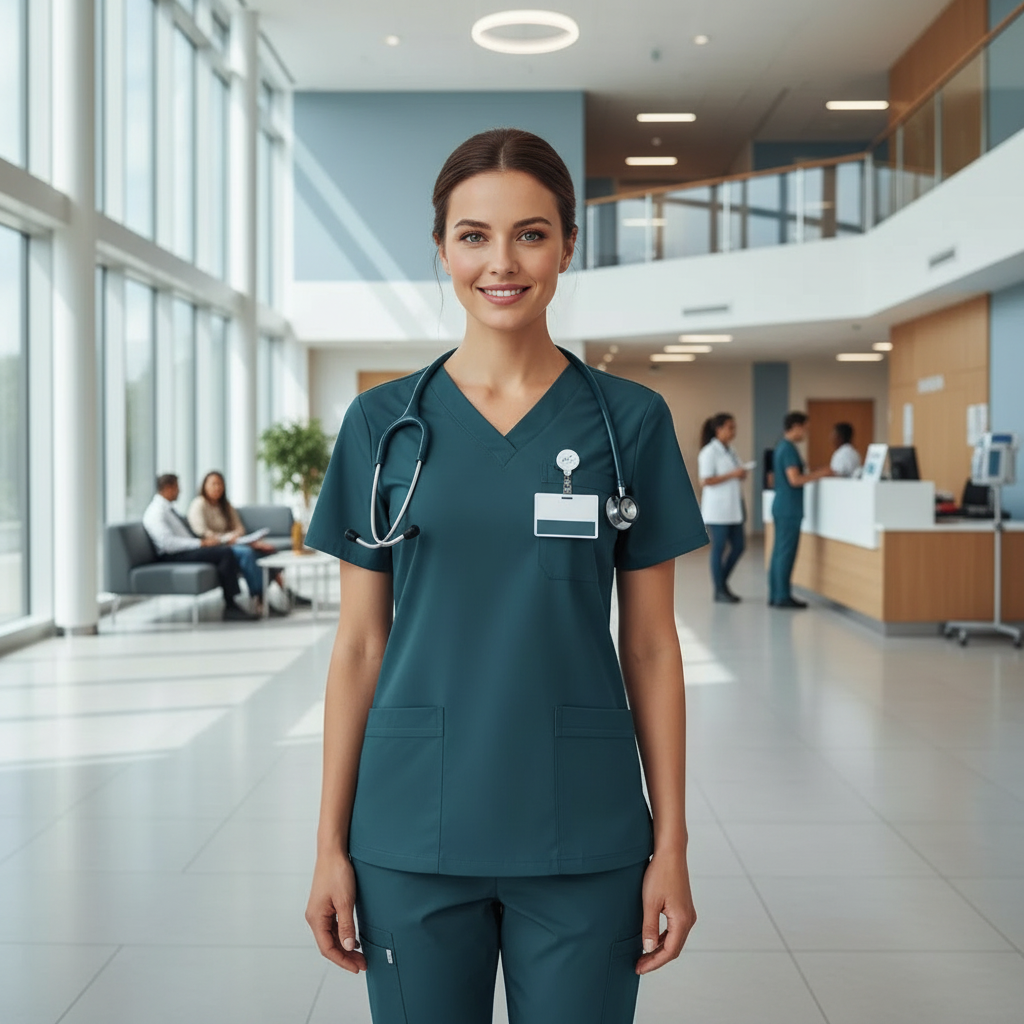 Female healthcare professional in Caribbean Blue scrubs
