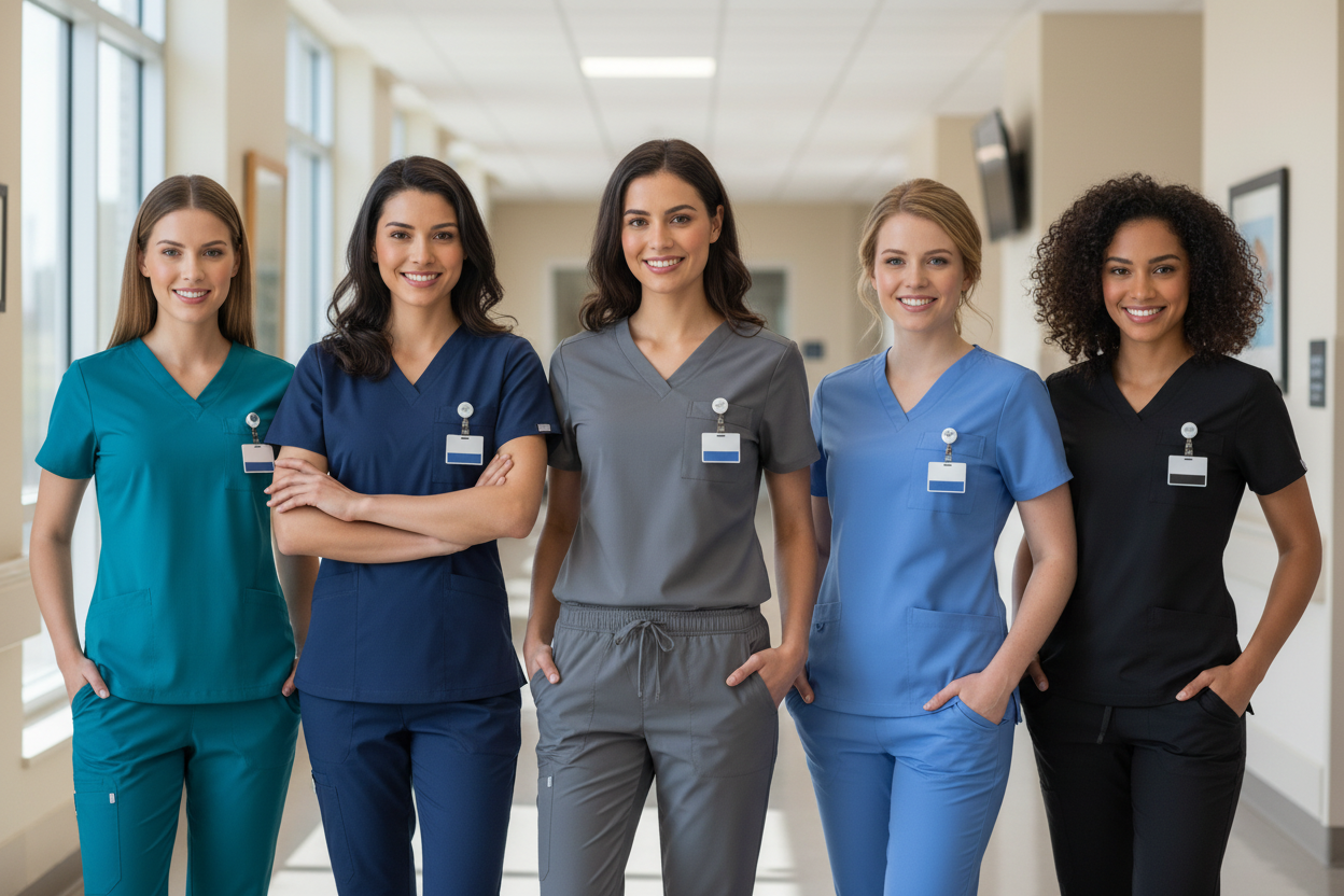 Female medical team in various scrub colors