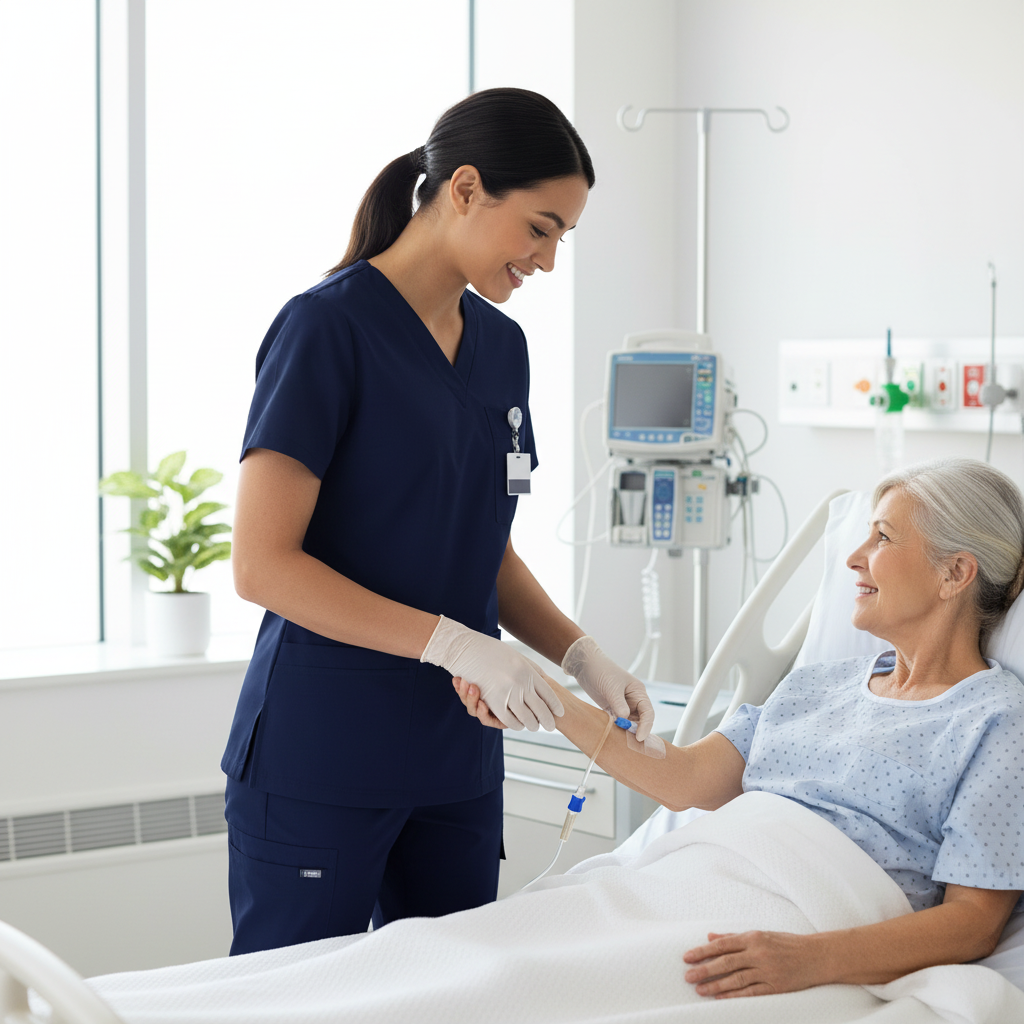 Female nurse in Navy Blue scrubs